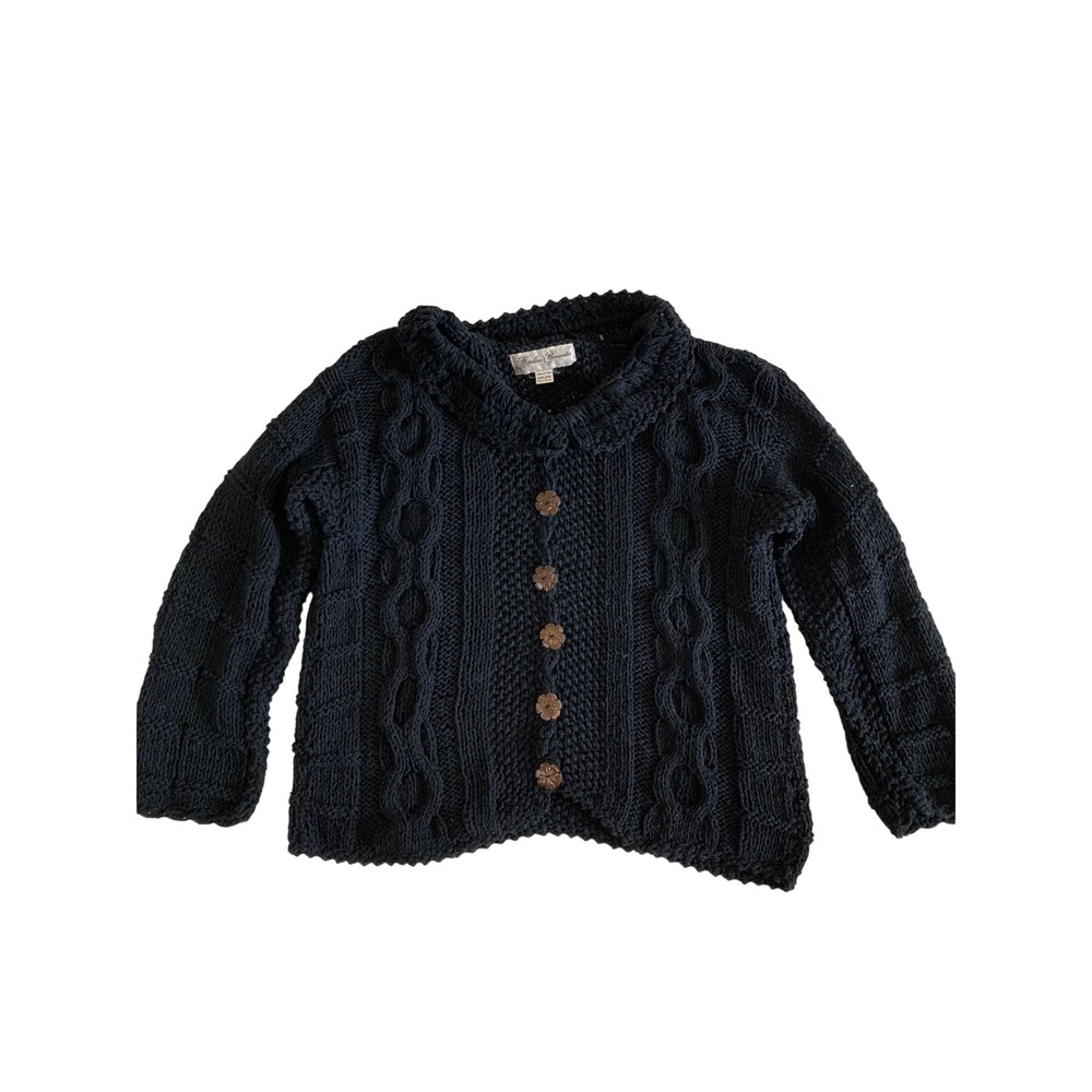 Hopeless Romantic Black Chunky Cotton Knit Cardigan Flower Buttons Collar Large